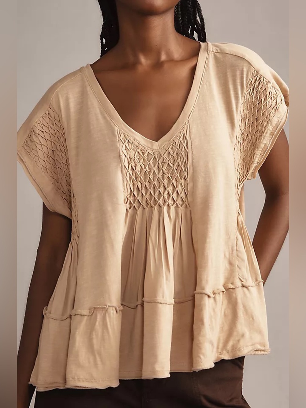 Anthropologie Taupe Smocked V-Neck Peasant Blouse